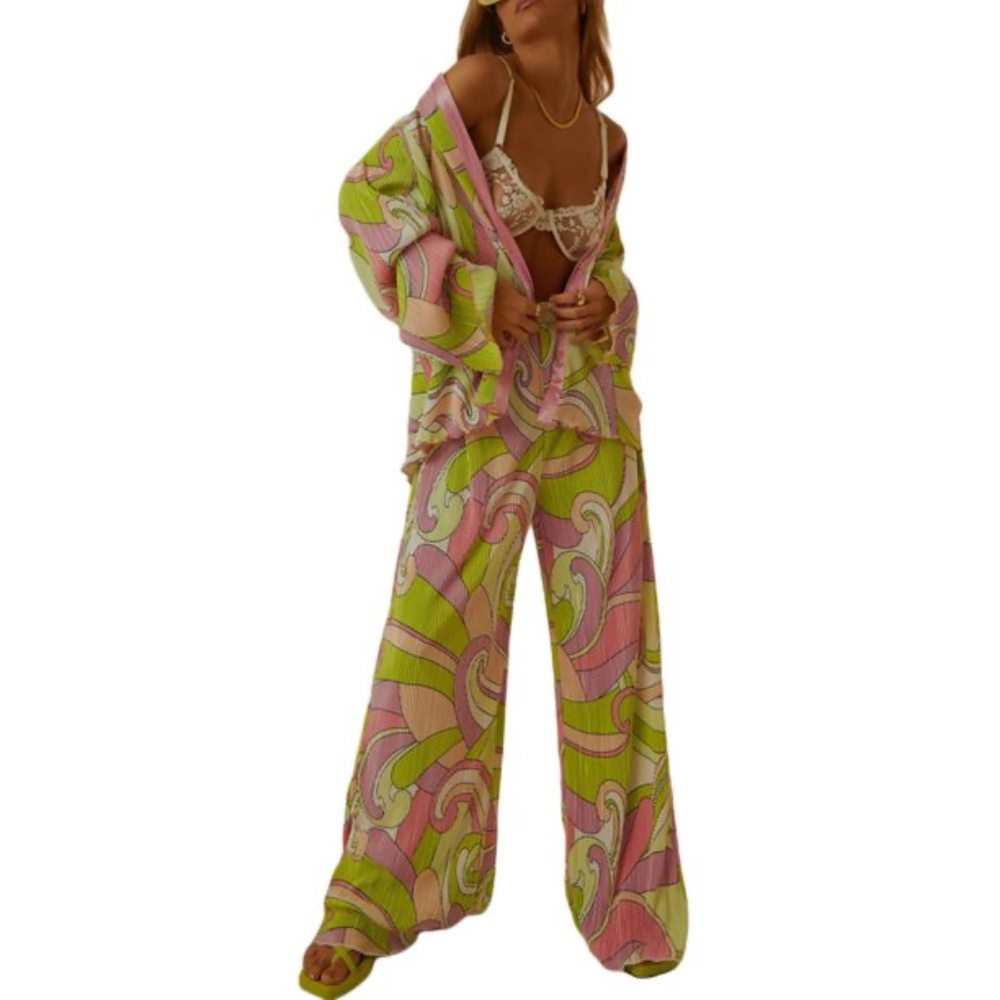 Floral Printed Button Down Shirt & High Waist Pants Outfits Summer